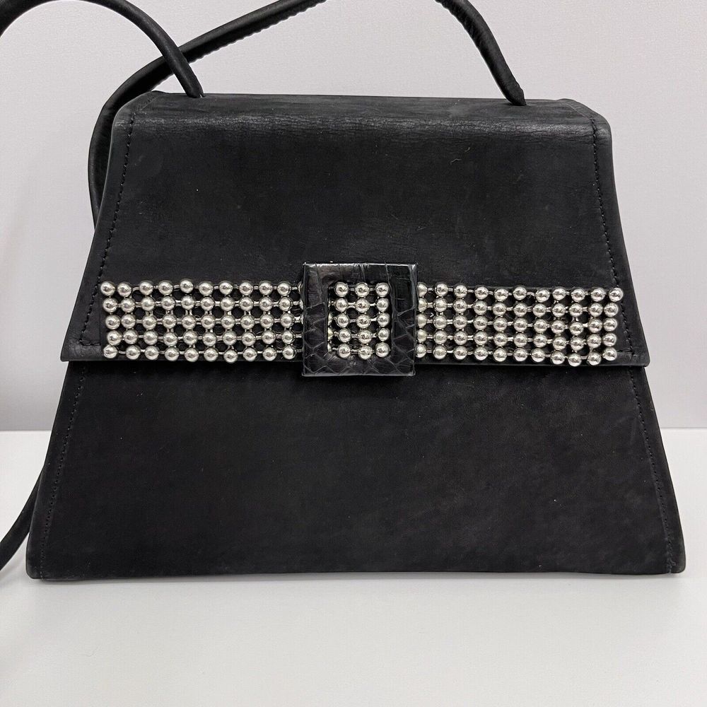 Vintage Bally Suede Shoulder Bag Purse‎ Black Silver Metal Beads Balls & Buckle - Picture 3 of 12